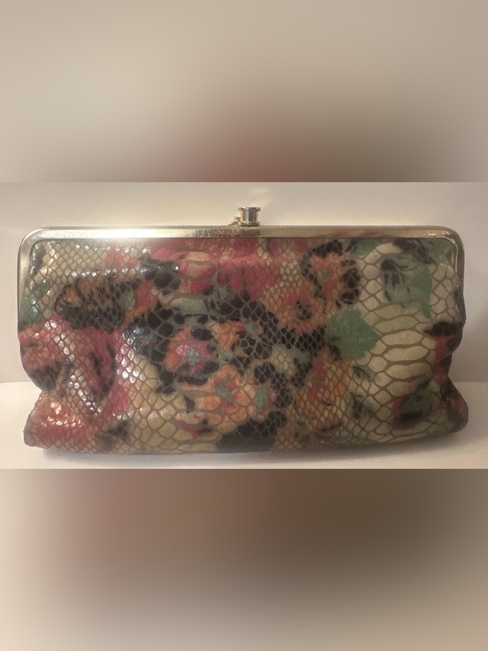 Hobo Vintage Lauren ClutchWallet Double Clasp Leather Snake Embossed Floral